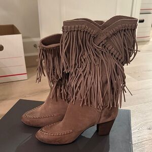 7 For All Mankind Brown Fringe Heeled Boots